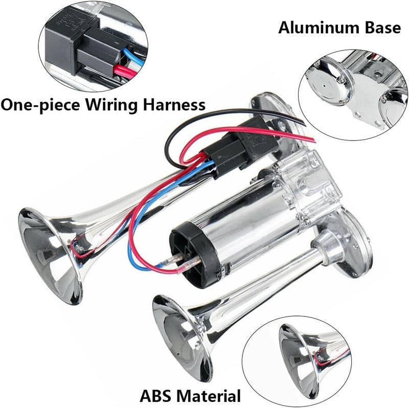 Onimento 12V 600DB Super Loud Dual Electric Air Horns Kit with Compressor Applicablefor Any 12V Vehicles SUV Truck Car Airhorns Horn Loud Motorcycle Trucks Boats Trains Speaker (Silvery) - Image 3
